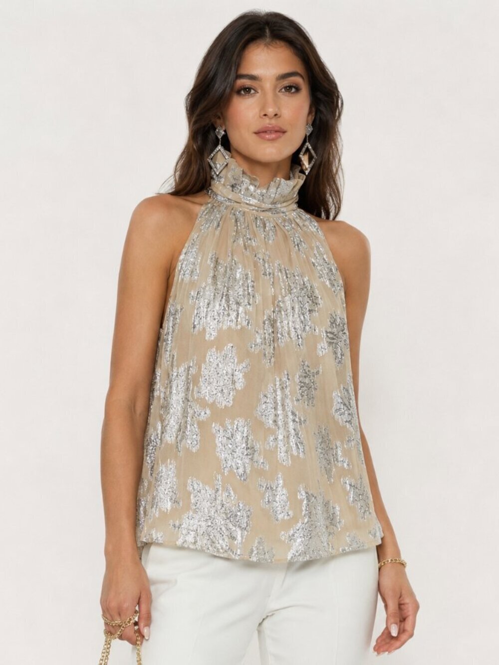 IRO Paris Halter Top Blouse Metallic Ruffle Neck Halter Chiffon Medium 6